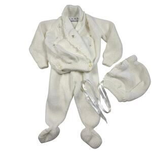 Vintage Knit Layette 3-pc Set Baby 6-9M White Welcome Home Christening Baptism
